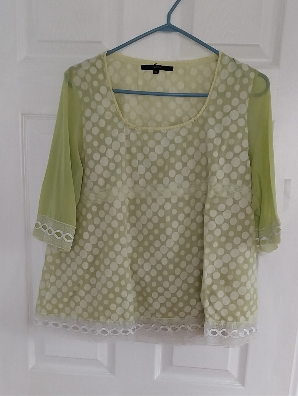 Made In Italy Light Green Polka Dot Sheer Sleeve Blouse